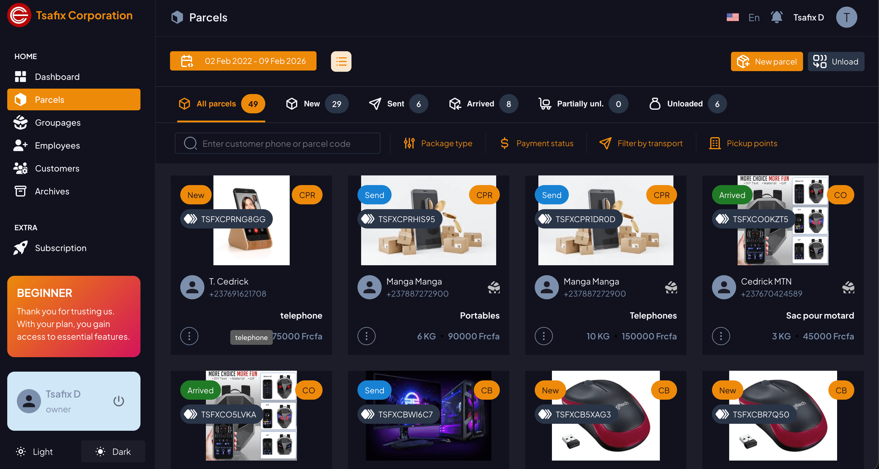 Parcel Management — Dark Mode